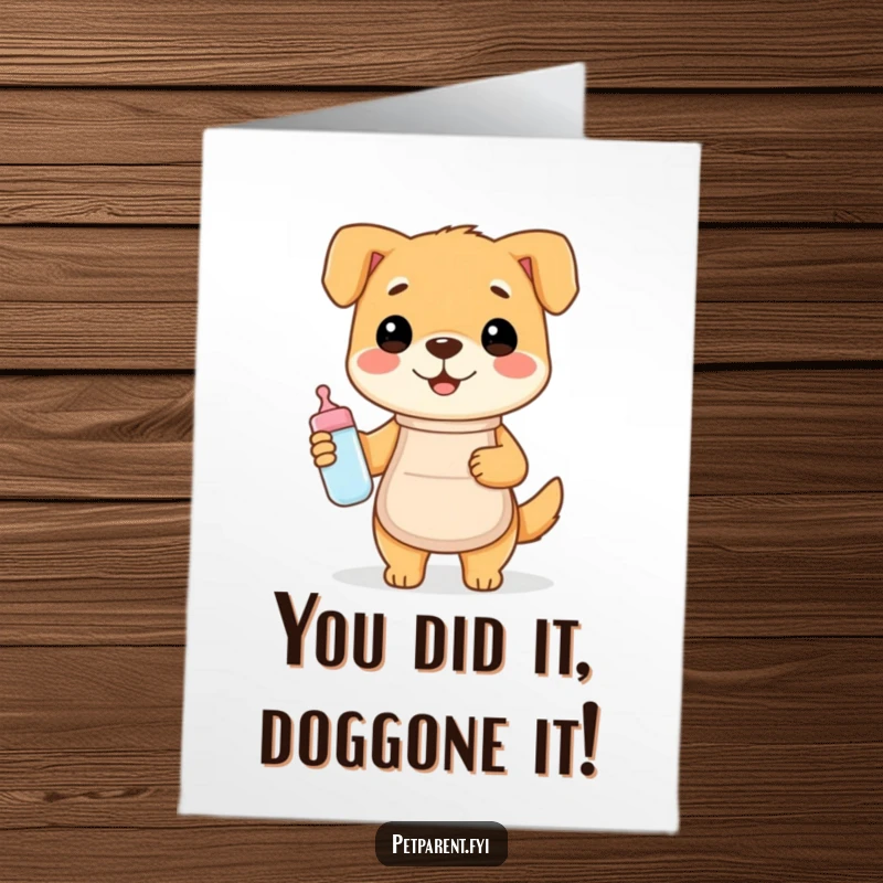 Funny Free Printable Dog Chef Congratulations Card: A happy dog in an apron holds a baby bottle, congratulating new parents.