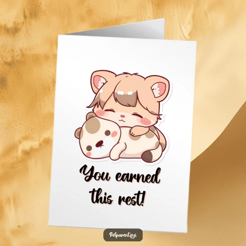 Funny Free Printable Congratulations Card showing a contented animal character relaxing with a pet, celebrating peaceful moments.