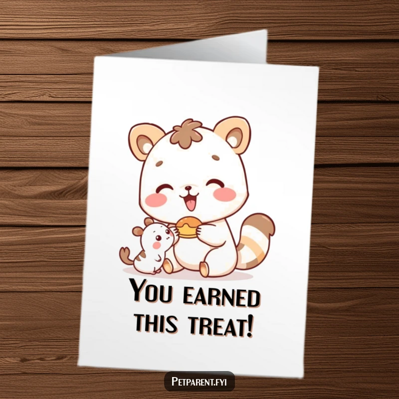 Funny Free Printable Congratulations Card: Happy animal presents a celebratory food item to a friend.