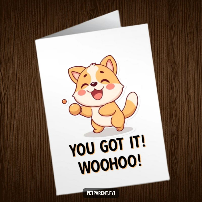 Funny Free Printable Congratulations Card showing a delighted animal character catching a ball during a game of fetch, celebrating success.