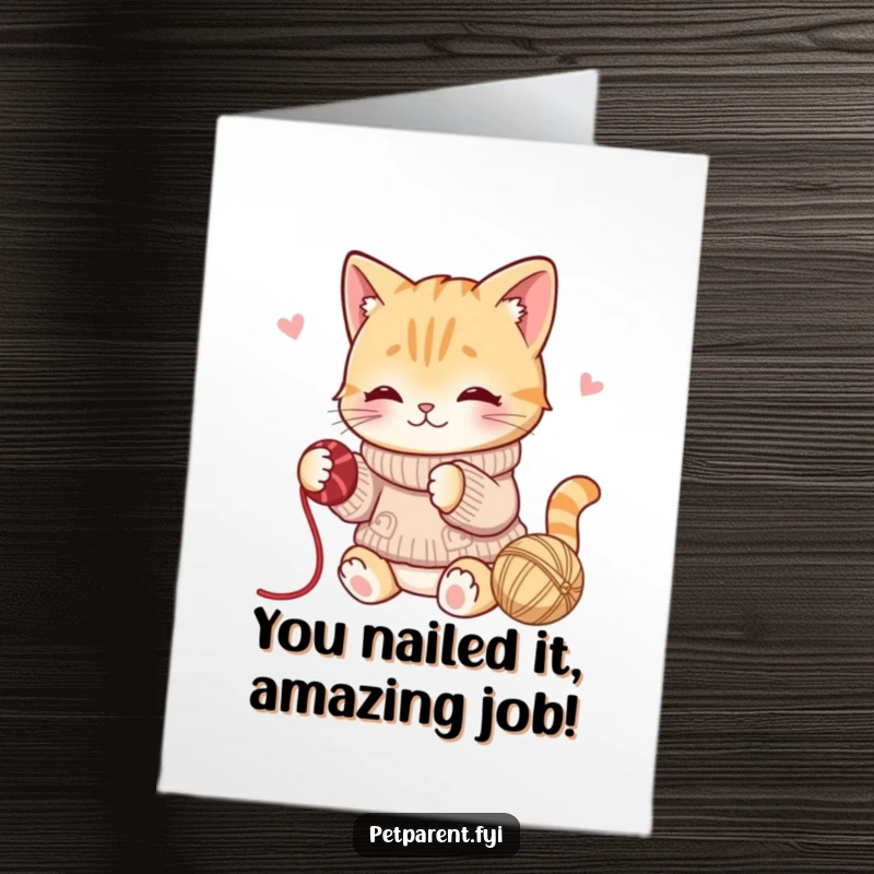 Free Printable Congratulations card featuring a cat in a sweater batting yarn, celebrating success with playful, cozy humor.