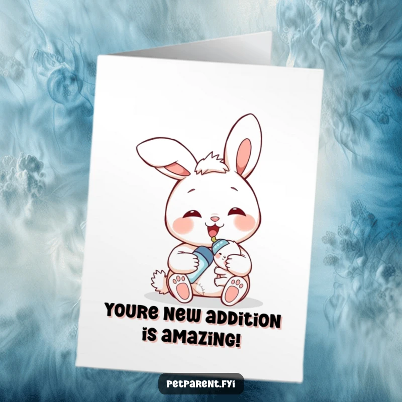 Funny Free Printable Bunny Card: Smiling bunny feeds bottle to baby, perfect congratulations gift.