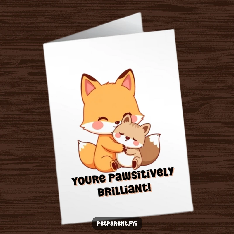 Funny Free Printable Fox Card: Caring fox hugging smaller animal, perfect congratulations gift.