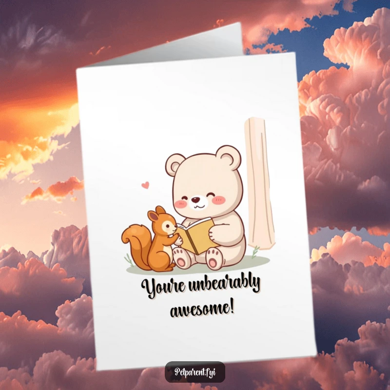 Funny Free Printable Congratulations Card: A content bear reads a small book to a squirrel, celebrating your achievement. A peaceful DIY gift.