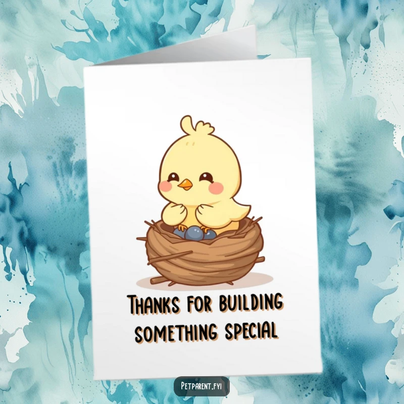 Funny Free Printable Thank You Card: Cheerful bird building nest, expressing gratitude, cute and cozy, print at home.