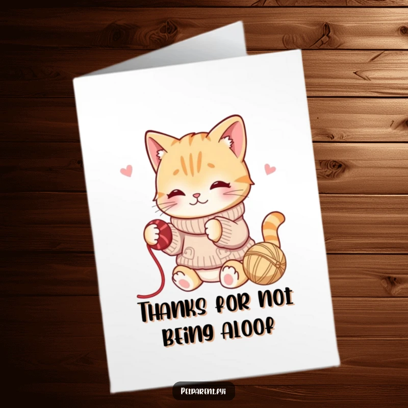 Funny Free Printable Thank You card with a cat in a sweater batting yarn, conveying thanks with cozy, playful humor.