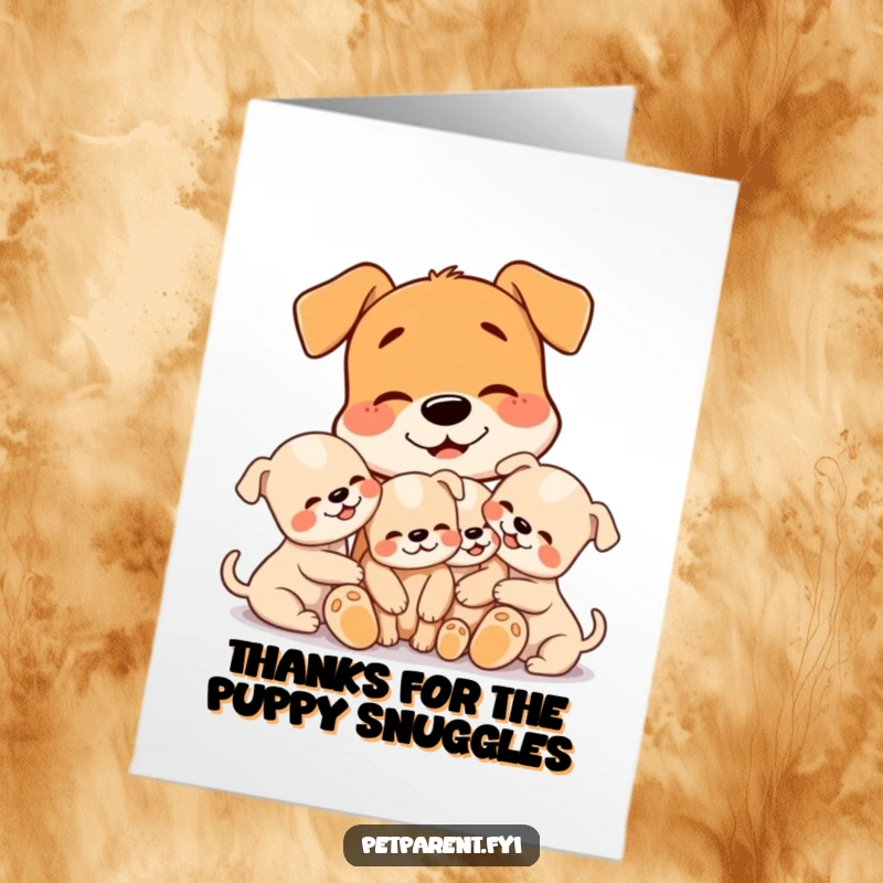 Funny Free Printable Dog Thank You Card with a dog cuddling puppies, conveying adorable gratitude, great for all occasions.