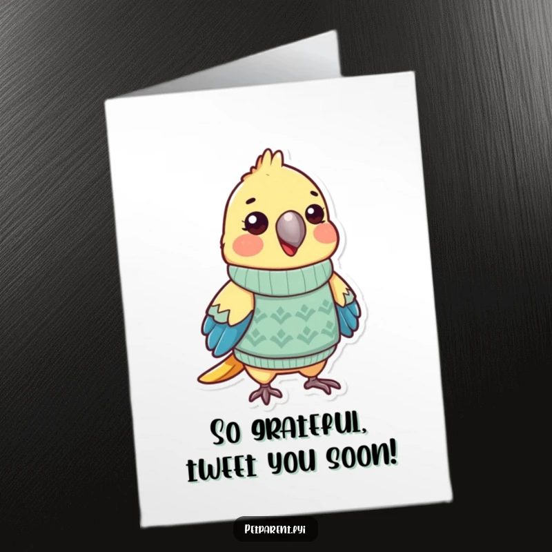 Funny Free Printable Parrot Thank You Card featuring a dapper parrot in a sweater, conveying thanks in a memorable way.