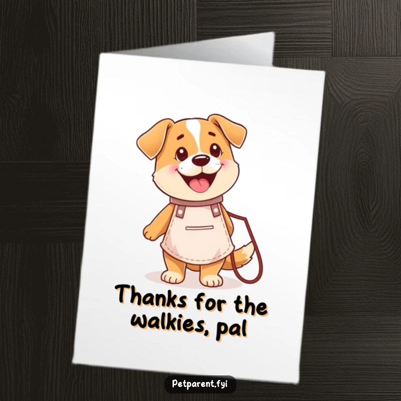 Funny Free Printable Thank You card with a happy dog in an apron, holding a leash, conveying sincere gratitude with joy.