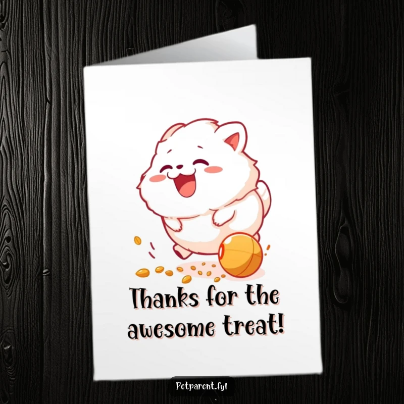 Funny Free Printable Thank You Card of a fluffy creature gleefully chasing a food pellet, expressing thanks joyfully.