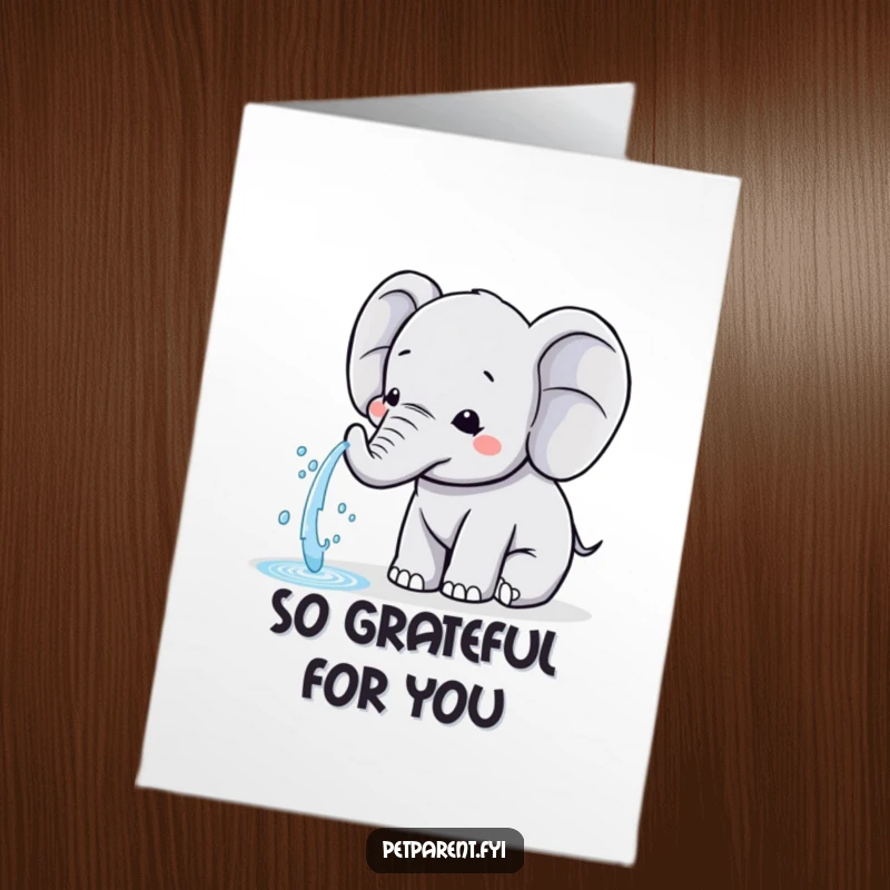 Funny Free Printable Kawaii Elephant Thank You Card: Cute elephant showers a friend with water, saying thanks.