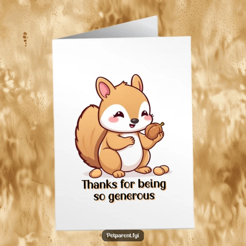 Funny Free Printable Kawaii Squirrel Thank You Card: Cute squirrel happily shares its collection of nuts.