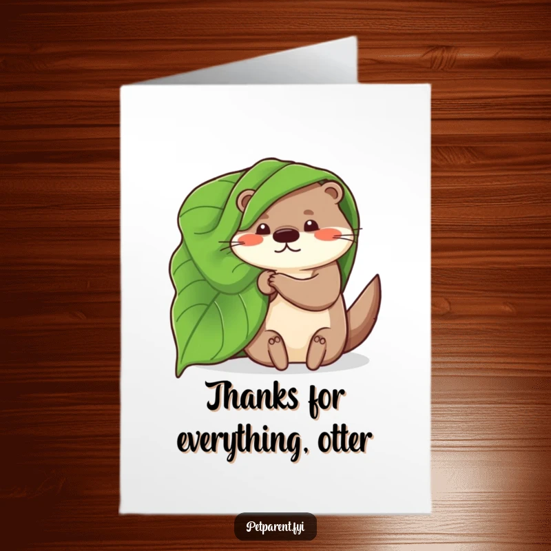 Free printable thank you card: A whimsical otter uses a leaf as a blanket, conveying a cozy and thankful vibe.
