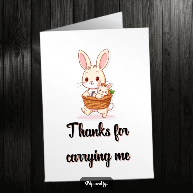 Funny Free Printable Rabbit Thank You Card of a rabbit carrying a baby bunny, conveying gentle thanks and care.