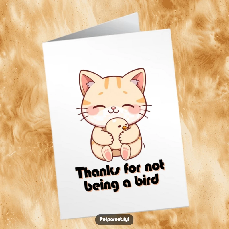 Funny Free Printable Thank You Card with a smiling cat cradling a sleepy bird, a sweet way to say thanks.