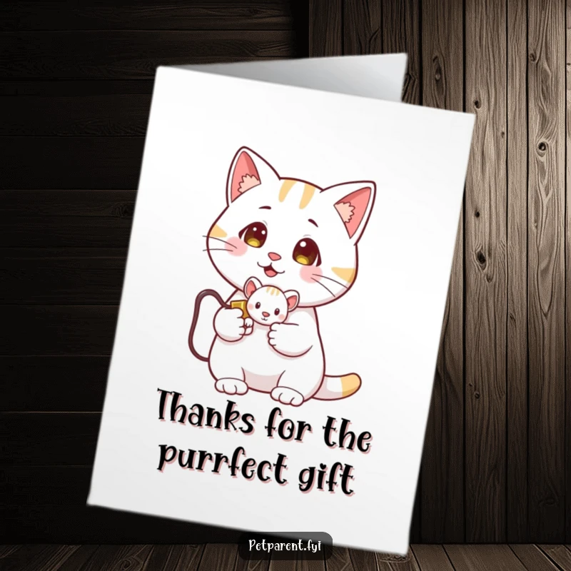Funny free printable thank you card with a proud cat holding a tiny captured toy mouse, a humorous token of thanks.