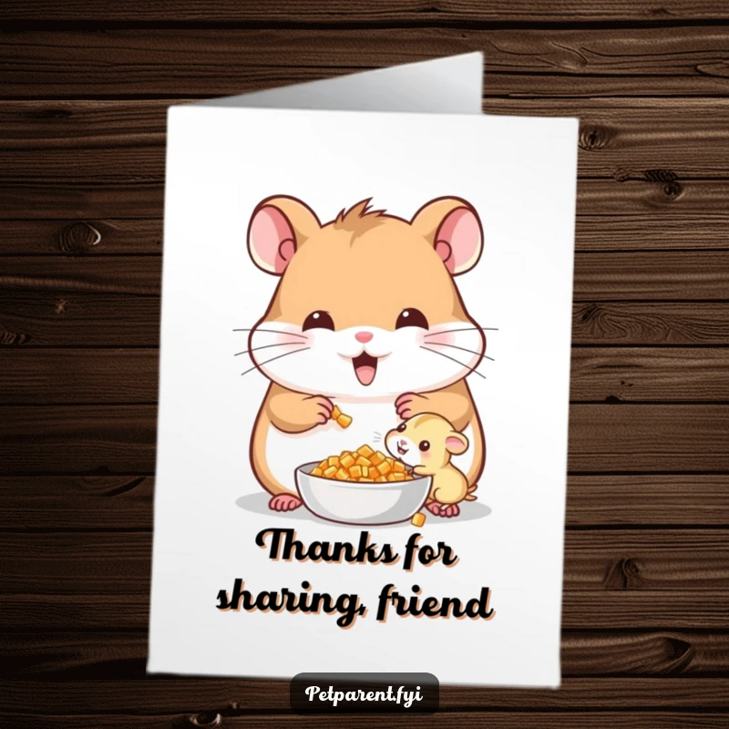 Funny Free Printable Thank You Card with a cheerful hamster sharing food with a tiny offspring, a symbol of giving thanks.