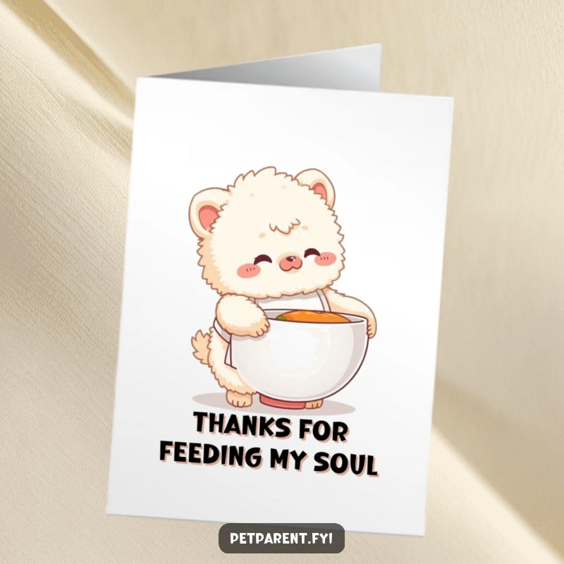 Funny Free Printable Thank You Card: Fluffy creature wearing an apron, bewildered by a huge food bowl.
