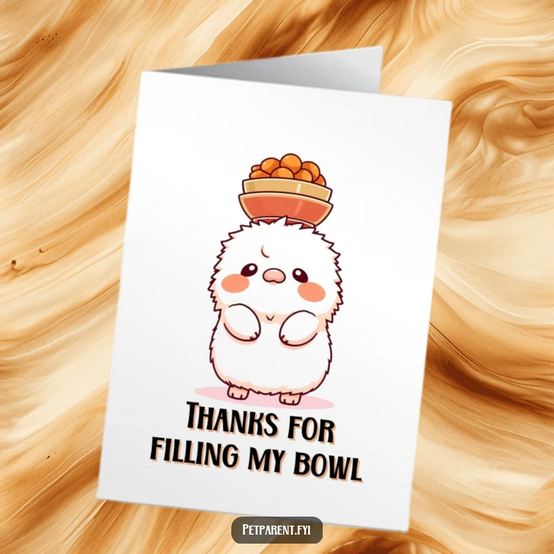 Funny Free Printable Thank You Card: Fluffy creature balancing several food bowls on its head with concentration.