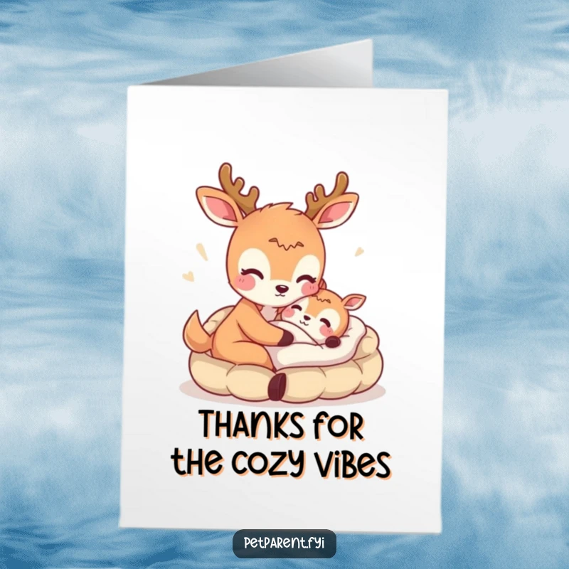 Funny Free Printable Thank You card, showing a deer kindly offering a soft bed to express gratitude.