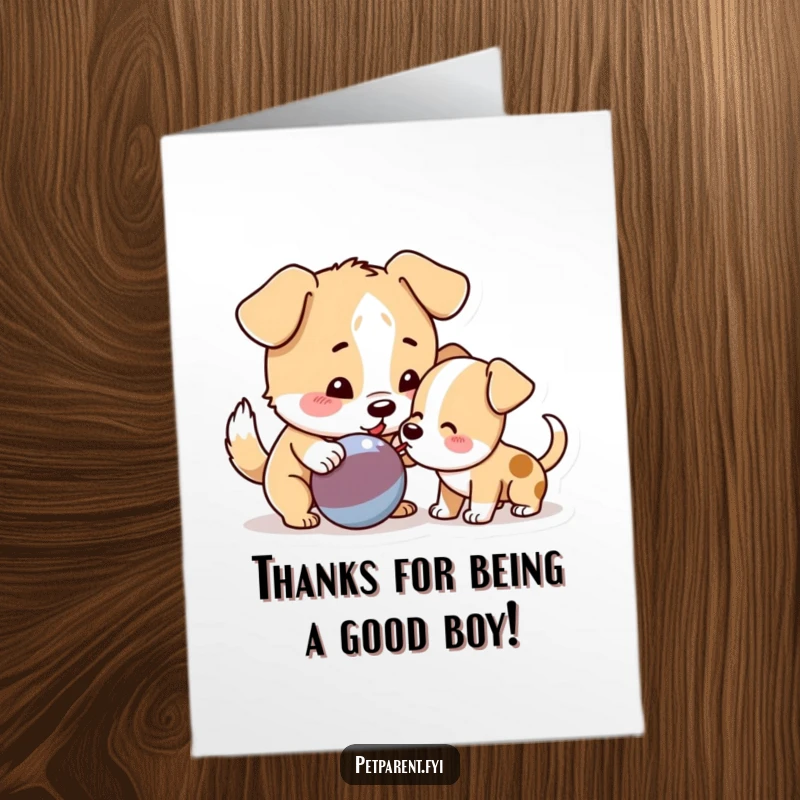 Funny Free Printable Thank You Card: Dog gently nudges a squeaky toy towards a puppy, a gesture of sharing and thanks.