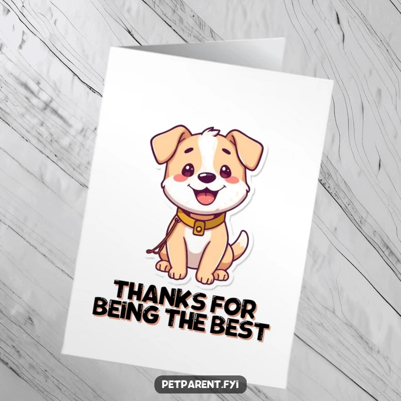 Funny free printable thank you card depicting a happy dog with a tiny leash and collar, ready for a walk and thanks.