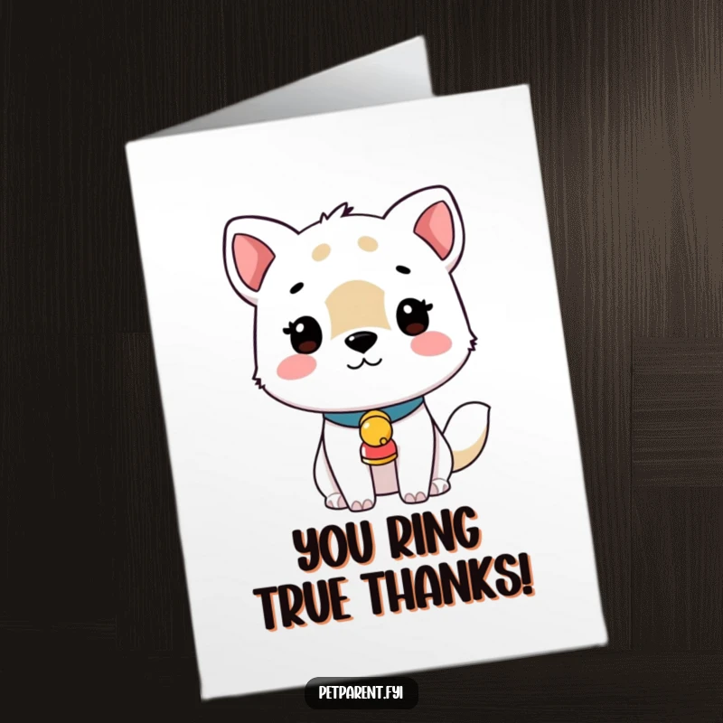 Funny free printable thank you card showing a sweet animal wearing a small collar with a bell that gently jingles.