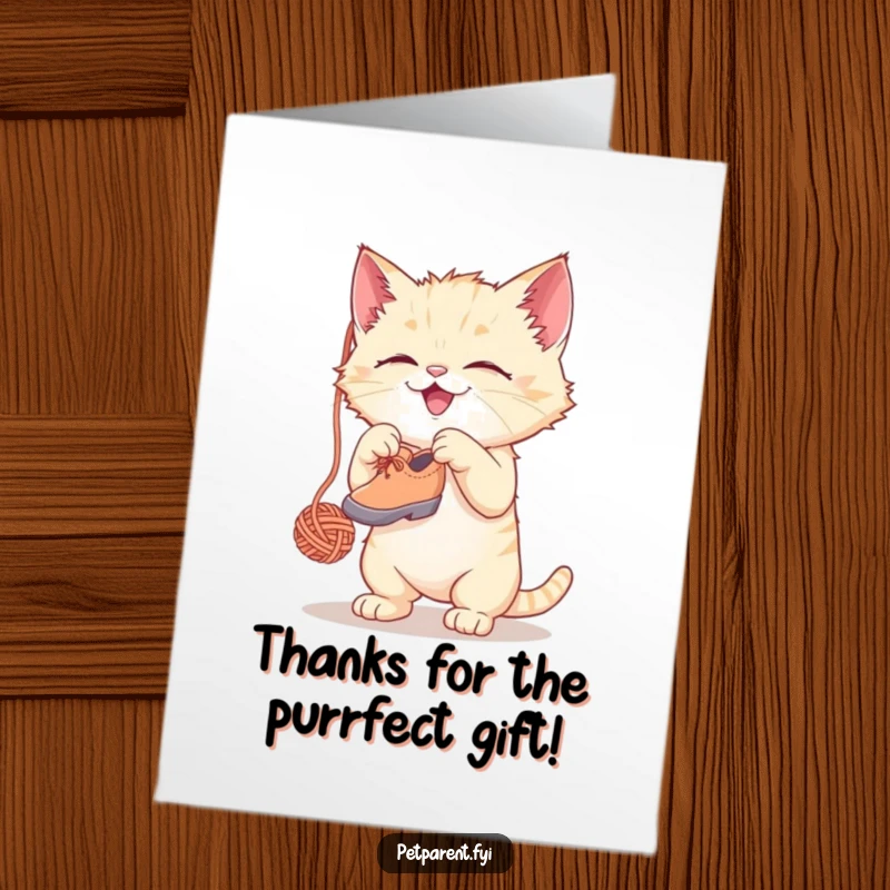 Funny Free Printable thank you card with a cute kitten gleefully batting at a dangling yarn ball shaped like a tiny shoe.