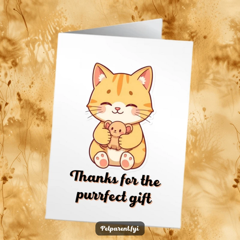 Funny Free Printable Thank You Card illustrated by a proud cat character cradling a small toy mouse, a token of appreciation.