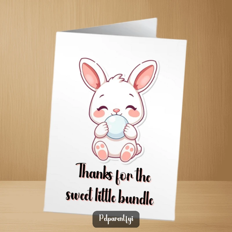 Funny Free Printable Thank You Card showing a gentle rabbit character holding a pacifier, a cute way to express gratitude.