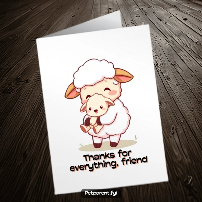 Funny Free Printable Thank You Card: A loving sheep carrying a tiny puppy, expressing thanks with sweetness.