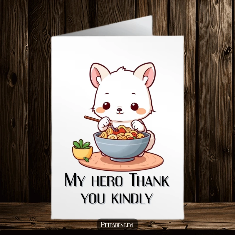 Funny free printable thank you card of a cute animal chef offering a beautifully prepared meal as a token of gratitude.