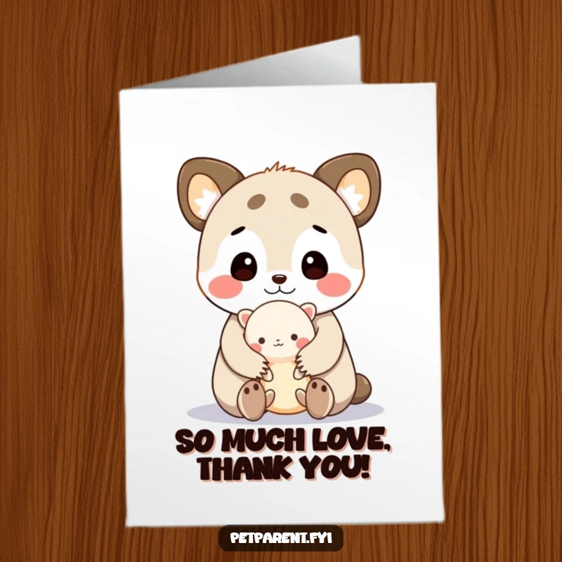 Funny free printable thank you card, cute animal cuddling tiny creature, downloadable art