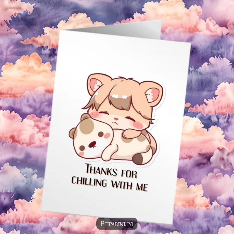 Funny Free Printable Thank You Card featuring a contented animal character resting with a pet, expressing gratitude for comfort.