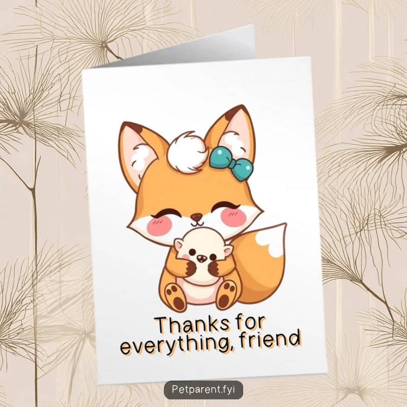 Funny Free Printable Kawaii Fox Thank You Card: Happy fox proudly displays a small plush companion.