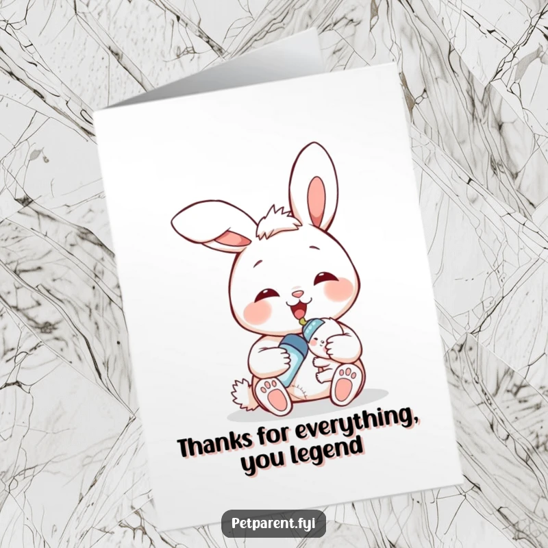 Funny Free Printable Bunny Card: Smiling bunny feeds bottle to baby, perfect thank you gift.