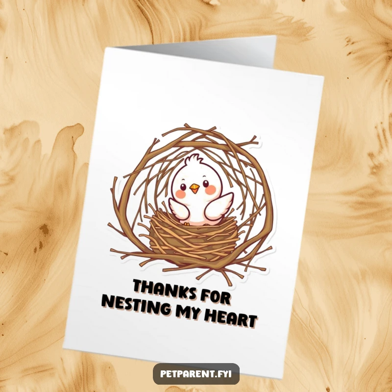 Funny Free Printable Thank You Card: A cheerful bird meticulously adds tiny twigs to its elaborate, newly built nest.