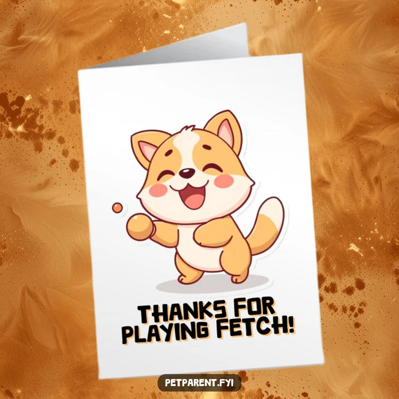 Funny Free Printable Thank You Card featuring a delighted animal character joyfully playing fetch, expressing thanks for fun.