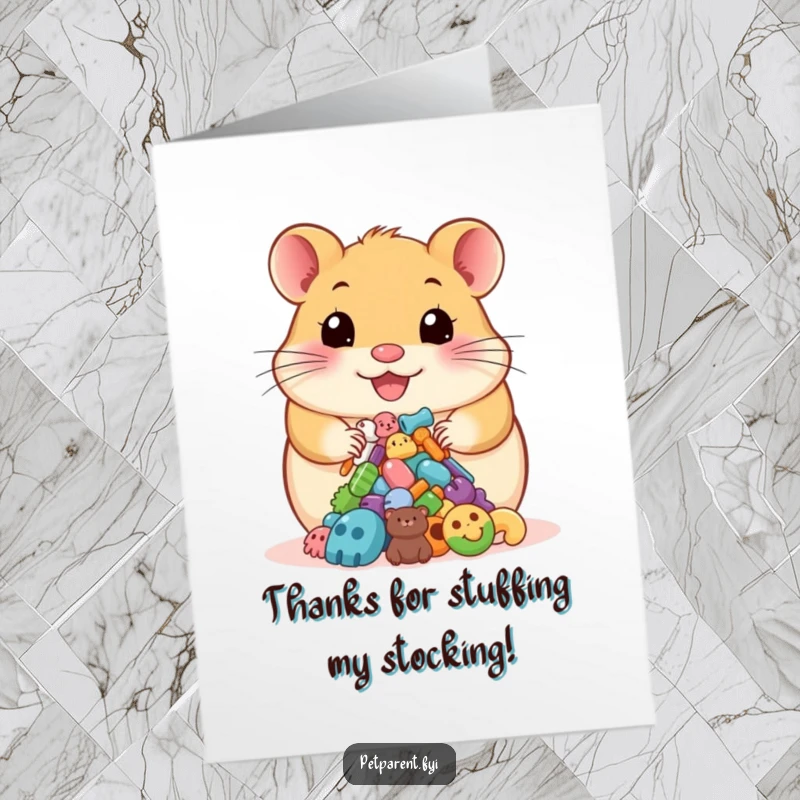 Funny Free Printable thank you card featuring a happy hamster proudly presenting a small pile of colorful pet accessories.