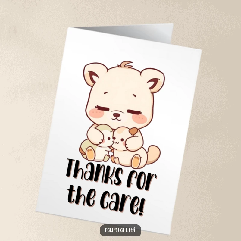 Funny Free Printable Thank You Card: Gentle animal character lovingly grooming a smaller, happy companion.