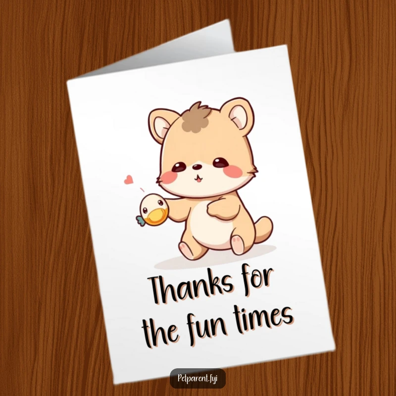 Funny Free Printable thank you card with a cute animal playfully tossing a tiny squeaky toy, conveying happy thanks.
