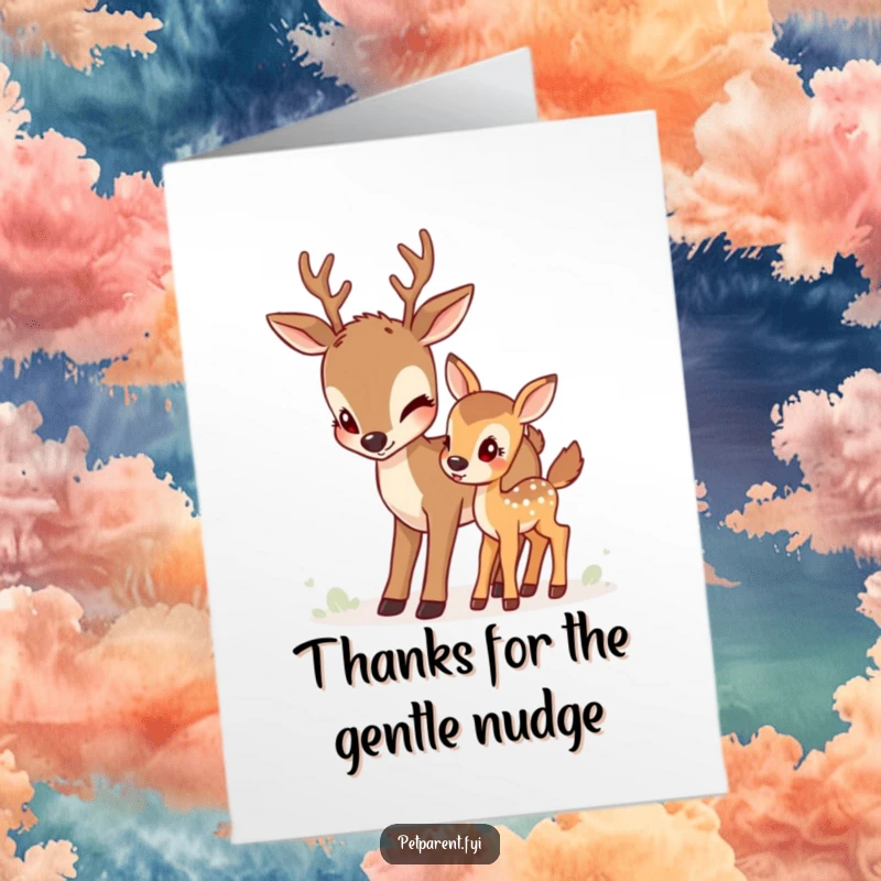 Funny Free Printable Deer Thank You Card, a doe gently guides her fawn, conveying heartfelt thanks and appreciation.
