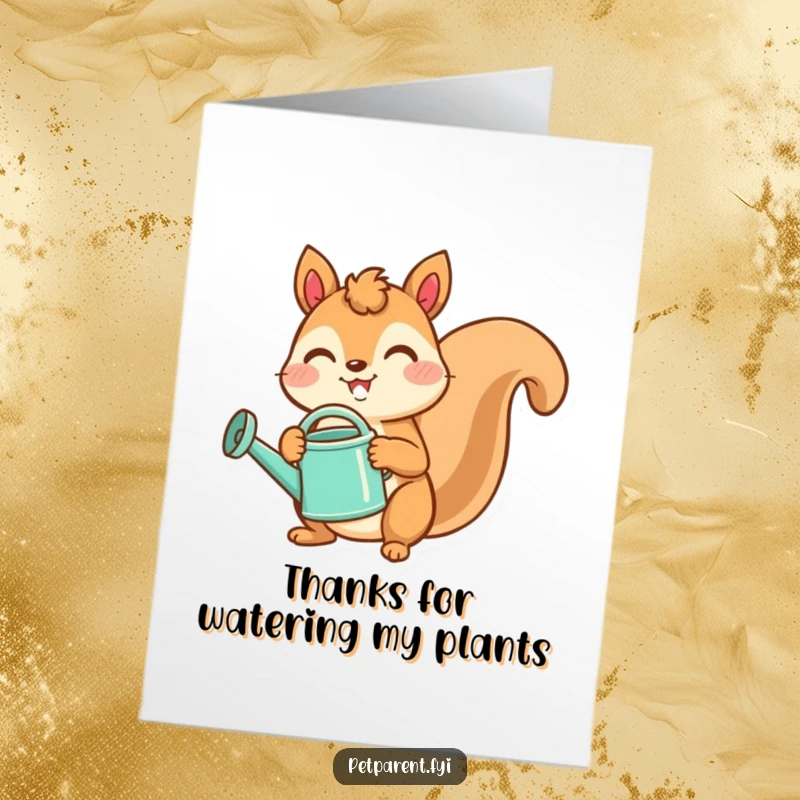 Funny Free Printable Thank You Card: A joyful squirrel waters a blooming plant, expressing gratitude. A cute DIY gift.