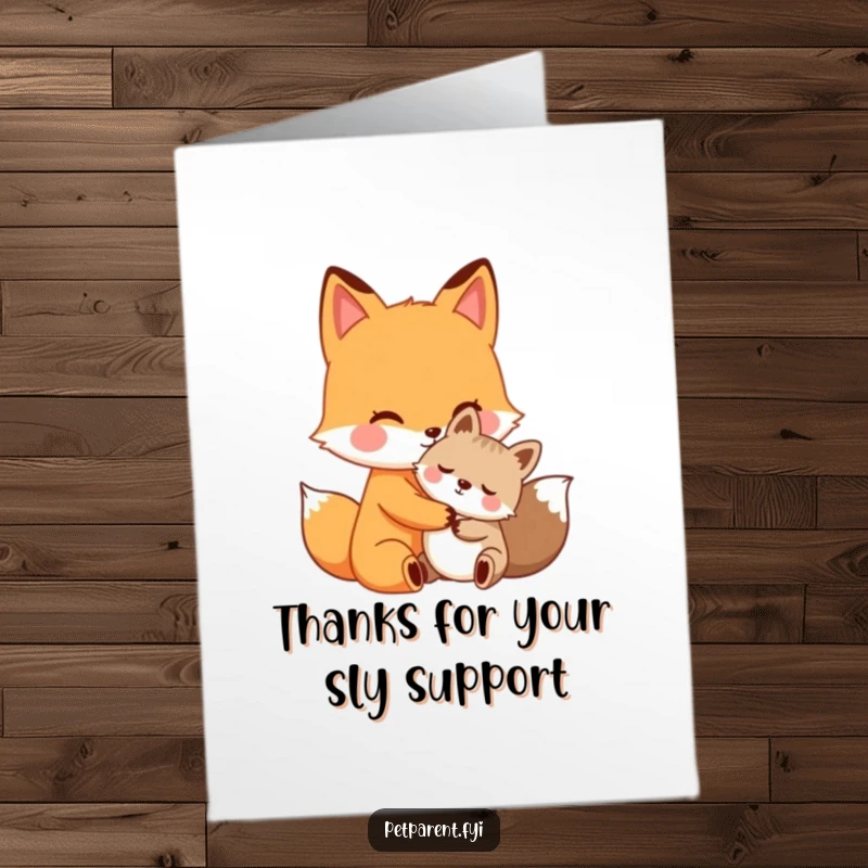 Funny Free Printable Fox Card: Caring fox hugging smaller animal, perfect thank you gift.