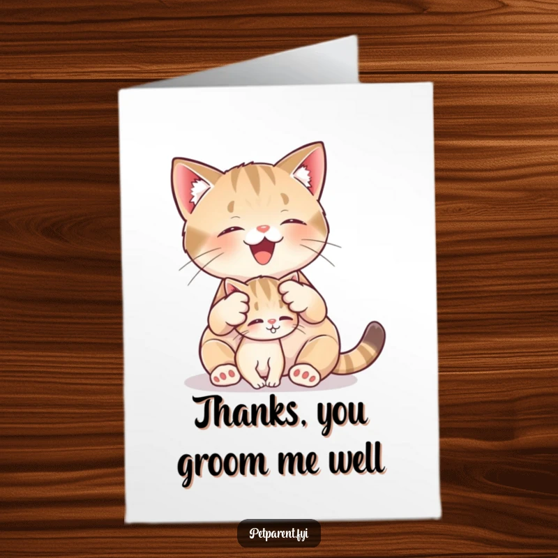 Funny Free Printable Cat Thank You Card of a cat tenderly grooming a small kitten, expressing cozy gratitude.