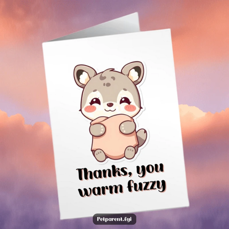 Funny Free Printable Thank You Card: A smiling animal character holds a small, soft, warm blanket with delight.