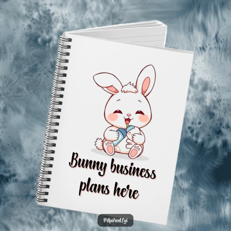 Funny bunny feeding notebook, a smiling bunny character feeding a baby bunny, humorous and practical for journaling or notes.