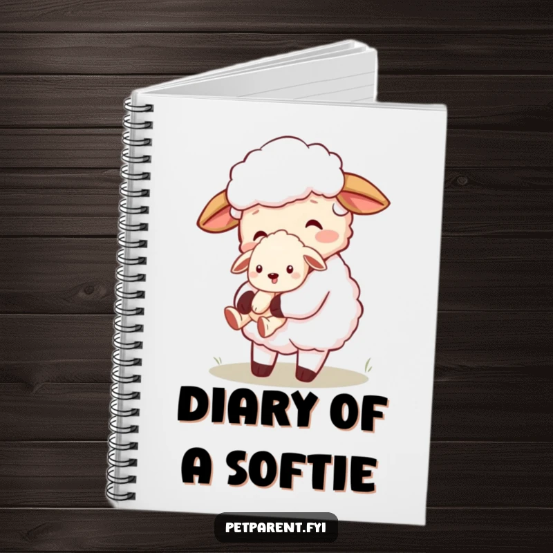 Funny and adorable sheep character carrying a tiny puppy on the cover of a notebook, perfect for journaling or note-taking.