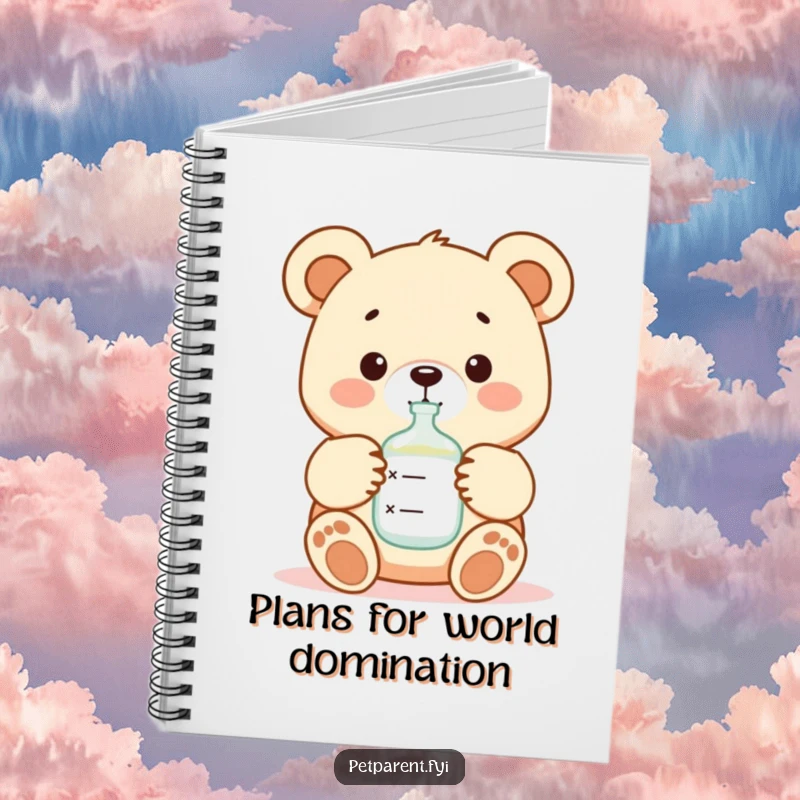 Funny and adorable bear character feeding a baby with a bottle on the cover of a notebook, perfect for journaling.