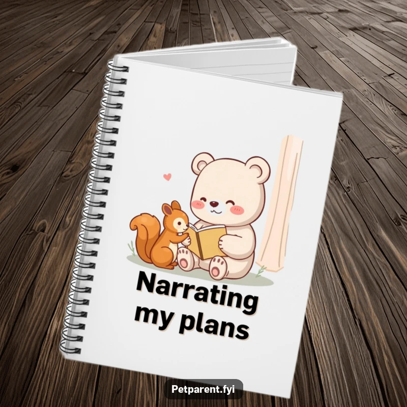 Funny notebook cover with a content bear reading a tiny book to a squirrel, perfect for jotting down stories.